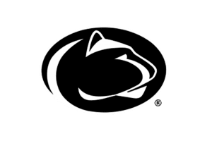 White stylized lion head inside oval on black
