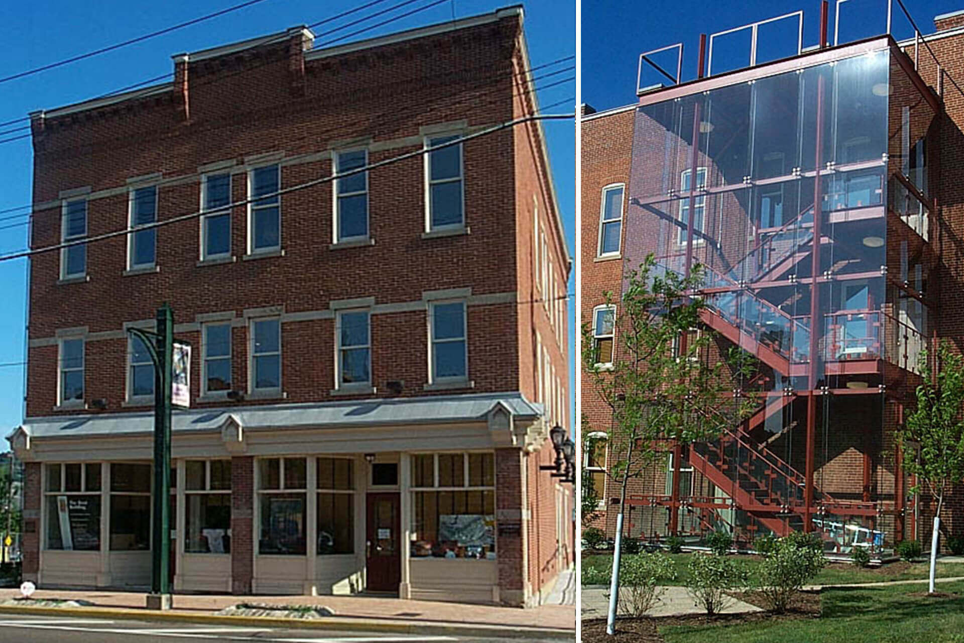 A brick building with a storefront and a metal fire escape on a sunny day.