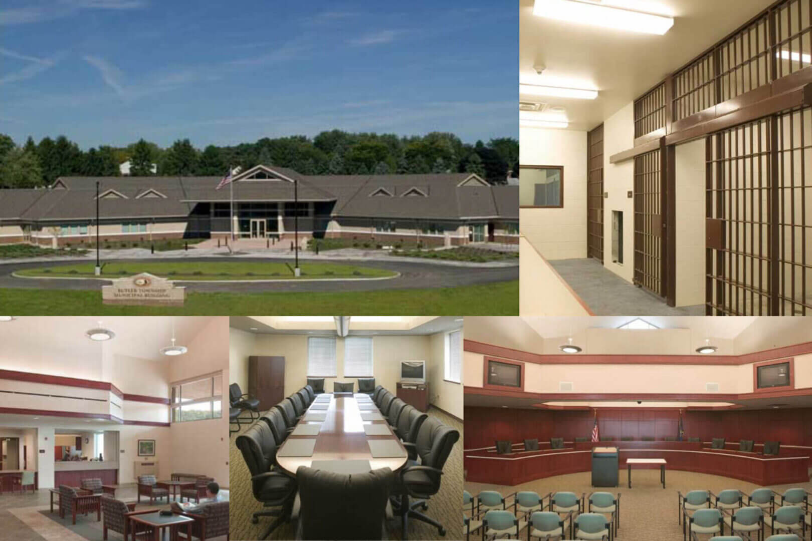 A collage of images showing a prison exterior, an empty cell, conference room, and a courtroom.