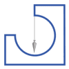 A blue geometric shape with an arrow pointing down inside a semicircle.