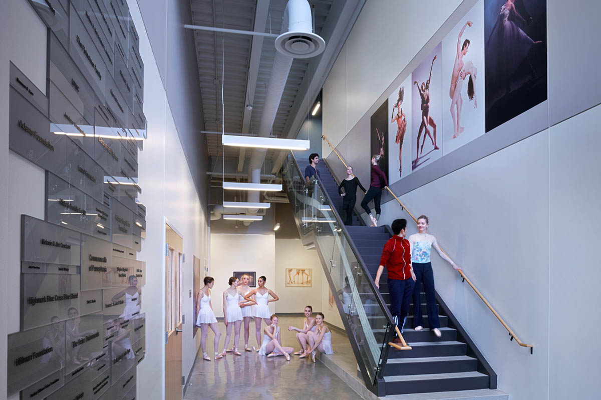 Children in ballet outfits gather near a staircase in a dance studio.