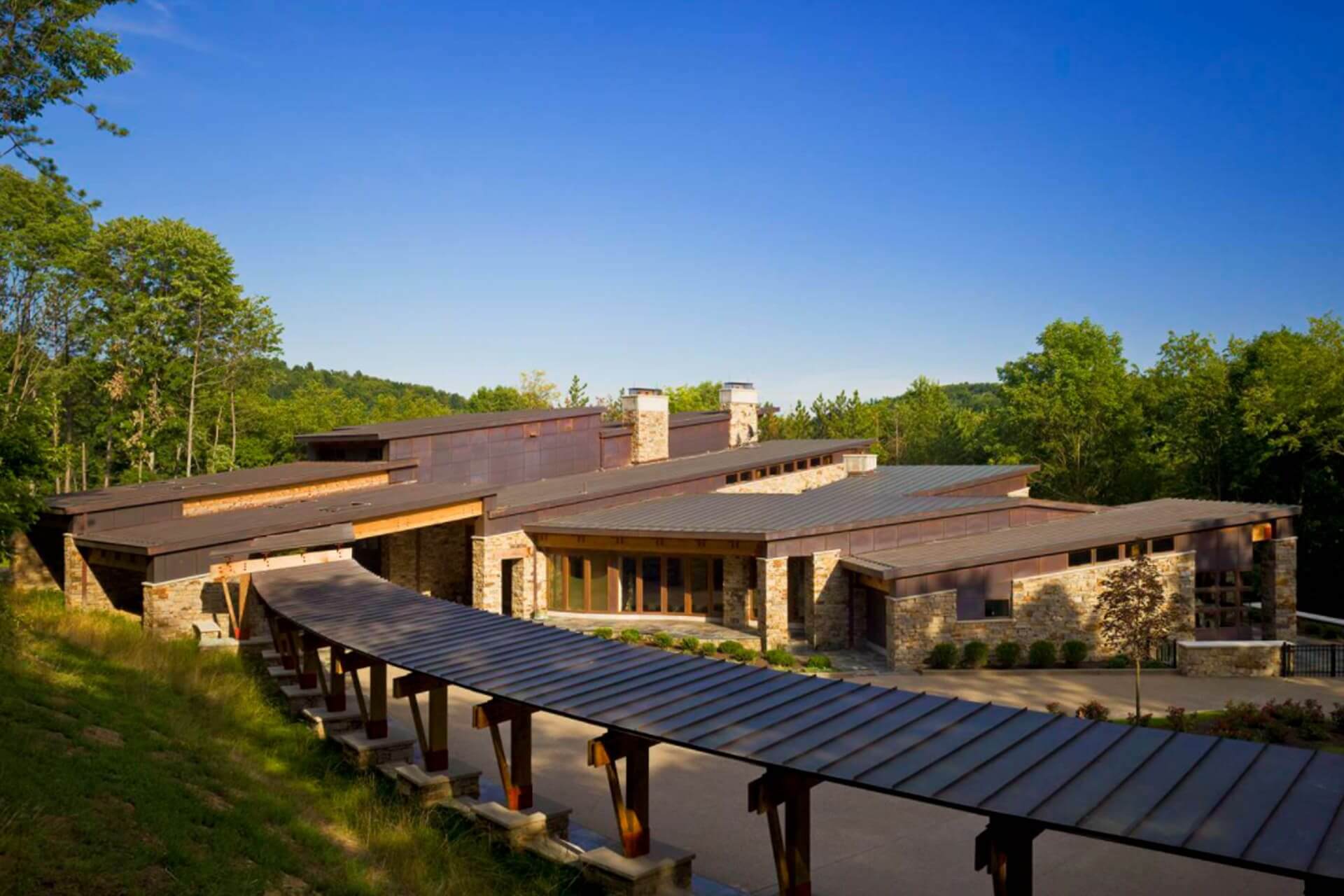 Modern single-story house with a curved walkway and clear blue sky.