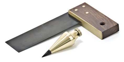 Woodworking tools: try square and plumb bob.
