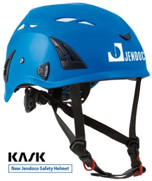 Blue Jendoc safety helmet with chin straps