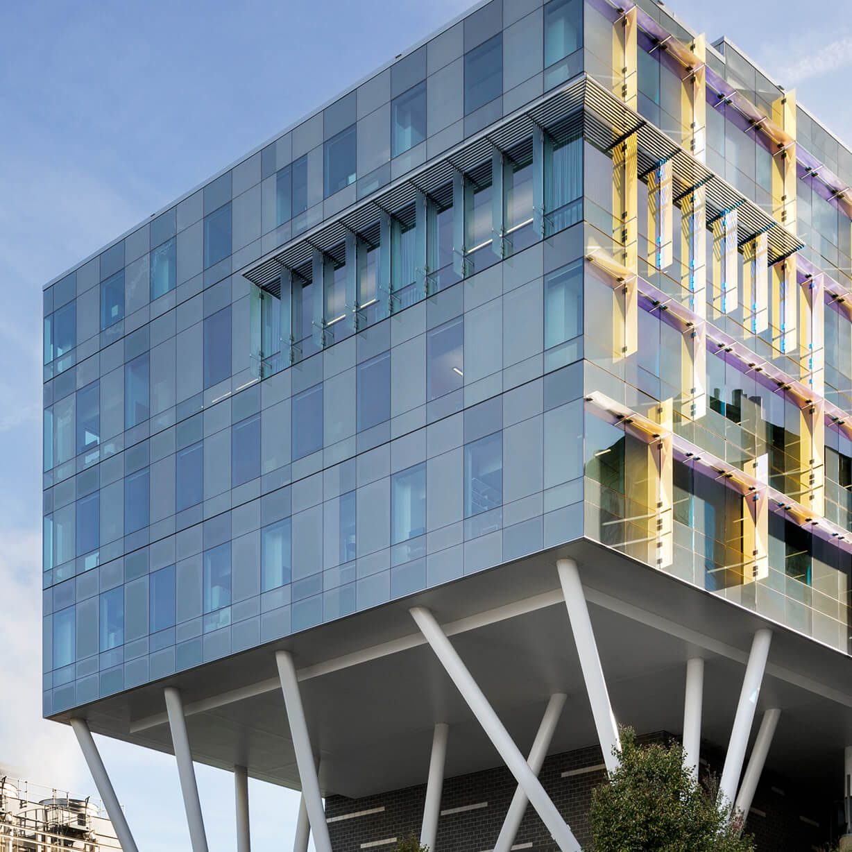 Cantilevered glass office with colorful vertical fins