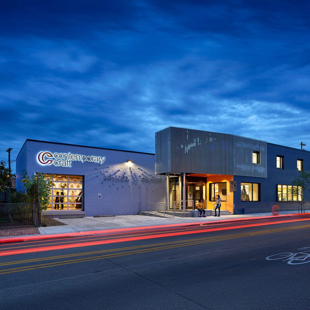 Contemporary Craft arts center exterior at dusk