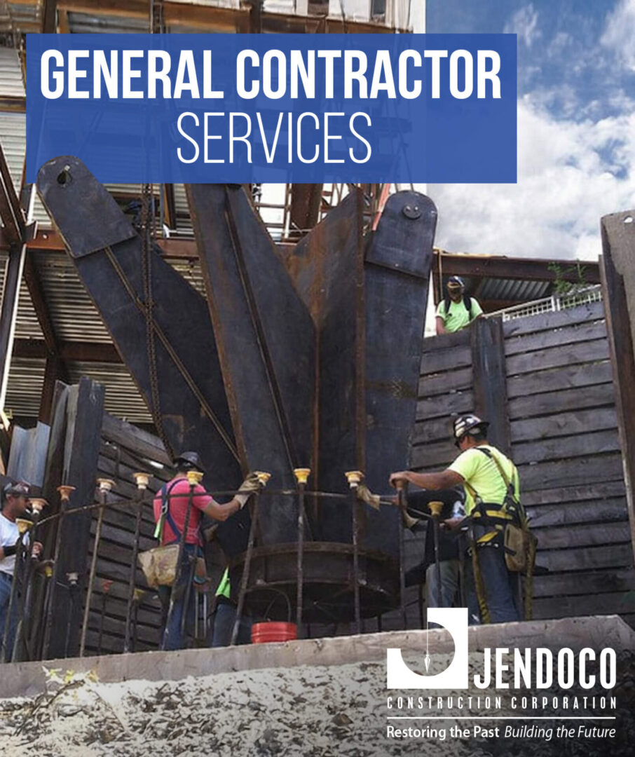 Construction workers hoisting heavy steel segments