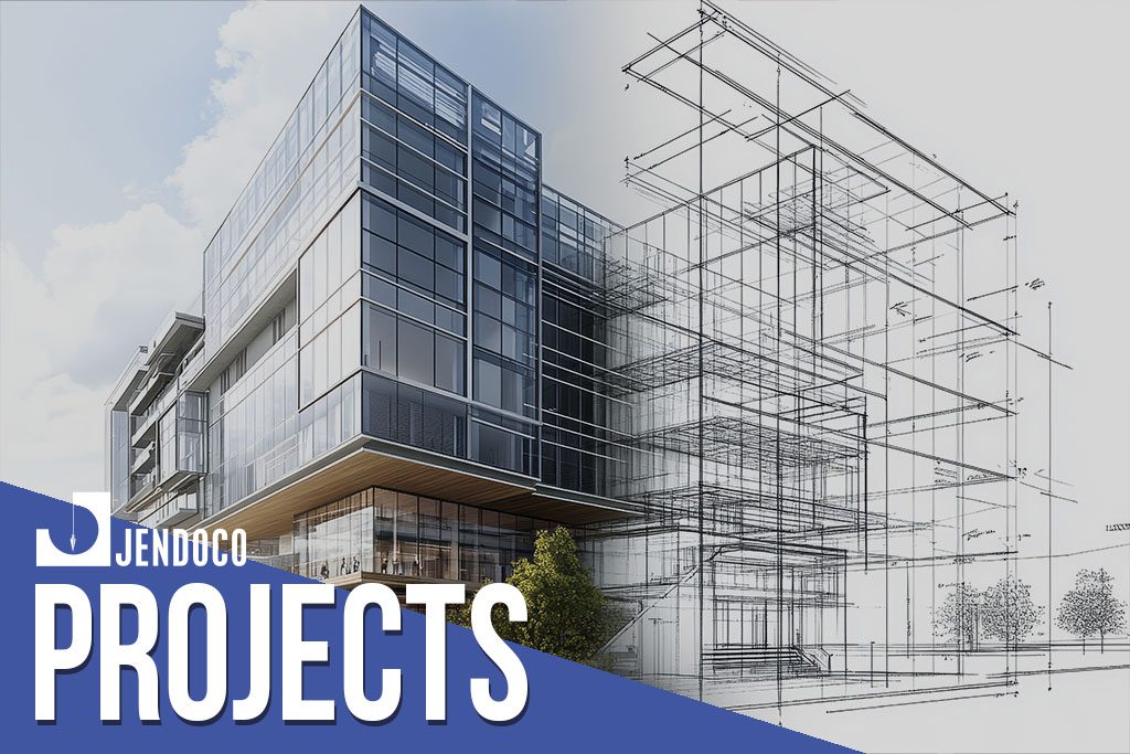 Modern glass building with architectural wireframe overlay